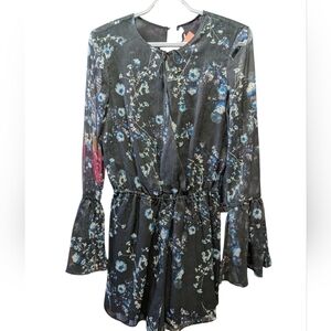 Black Floral Long Sleeve Romper with Blue Blossoms